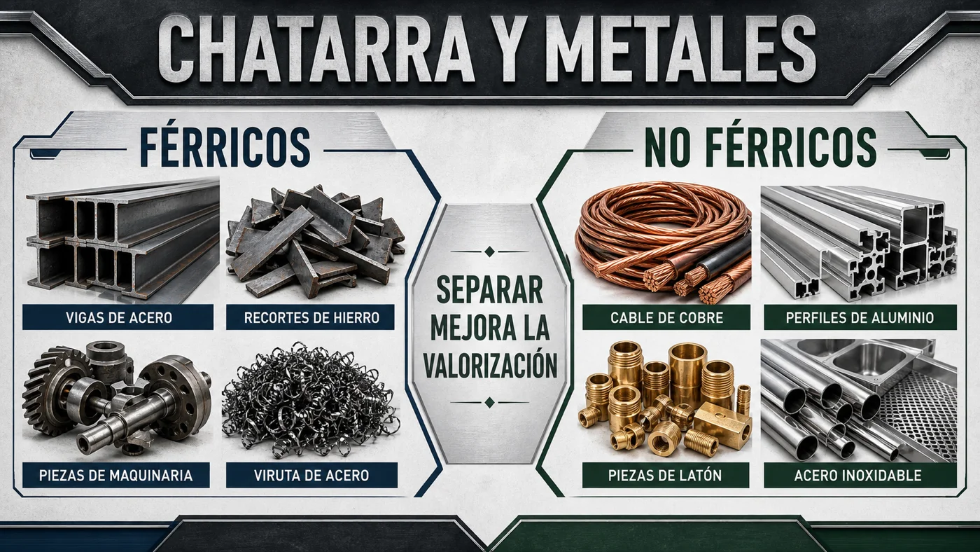 Infografía: chatarra y metales férricos y no férricos - vigas de acero, recortes de hierro, cable de cobre, perfiles de aluminio