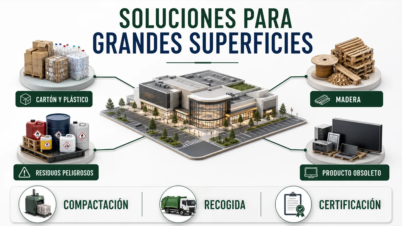 Infografía: soluciones para grandes superficies - cartón y plástico, madera, residuos peligrosos y producto obsoleto