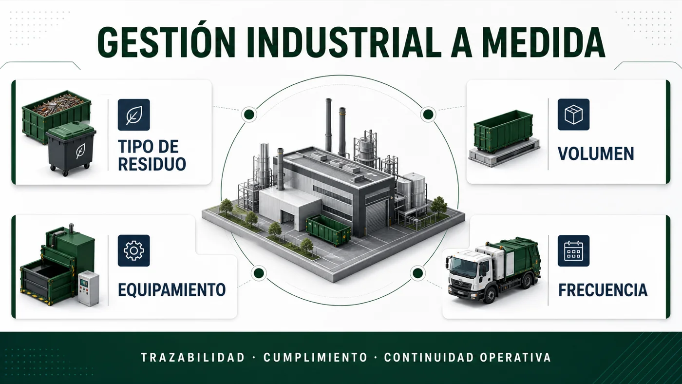 Infografía: gestión industrial a medida - tipo de residuo, volumen, equipamiento y frecuencia