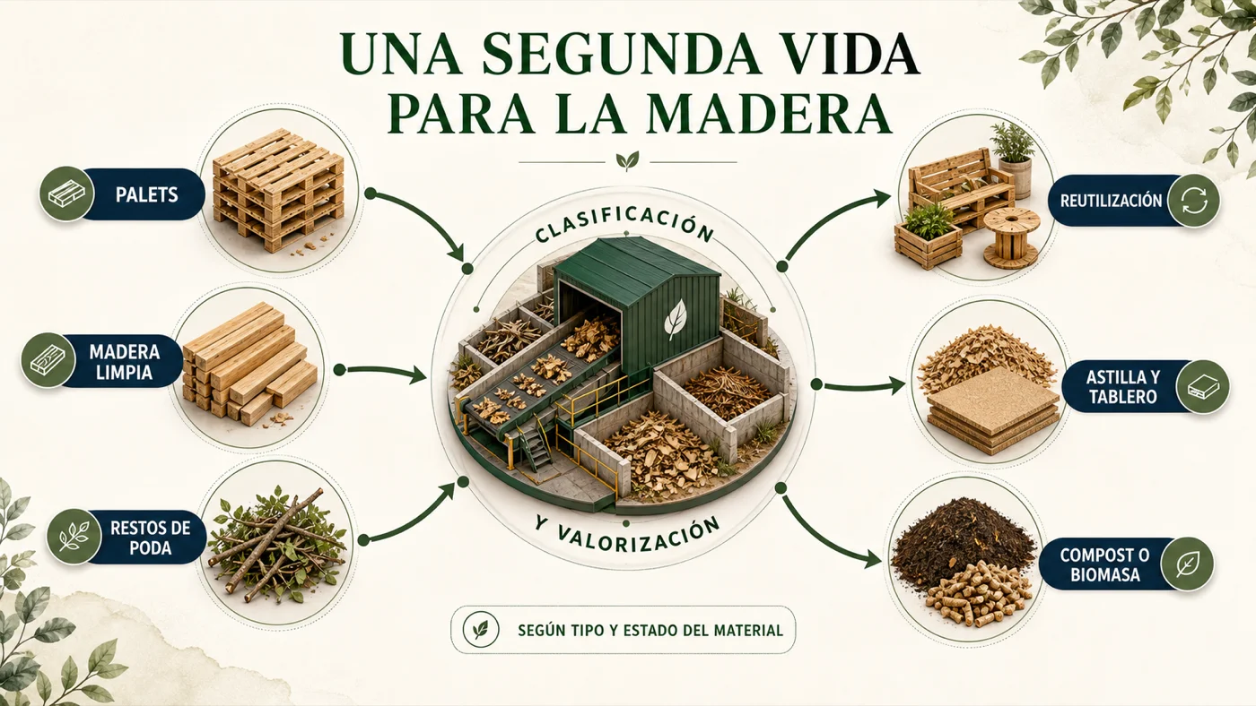 Infografía: una segunda vida para la madera - palets, madera limpia y restos de poda, clasificación y valorización