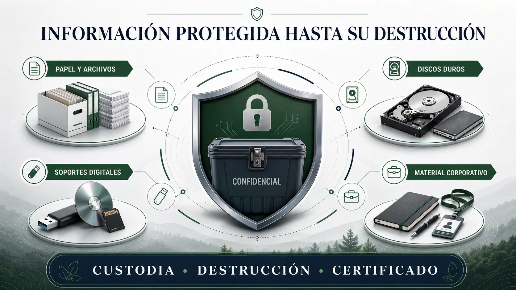 Infografía sobre custodia, destrucción y certificado de información confidencial en oficinas