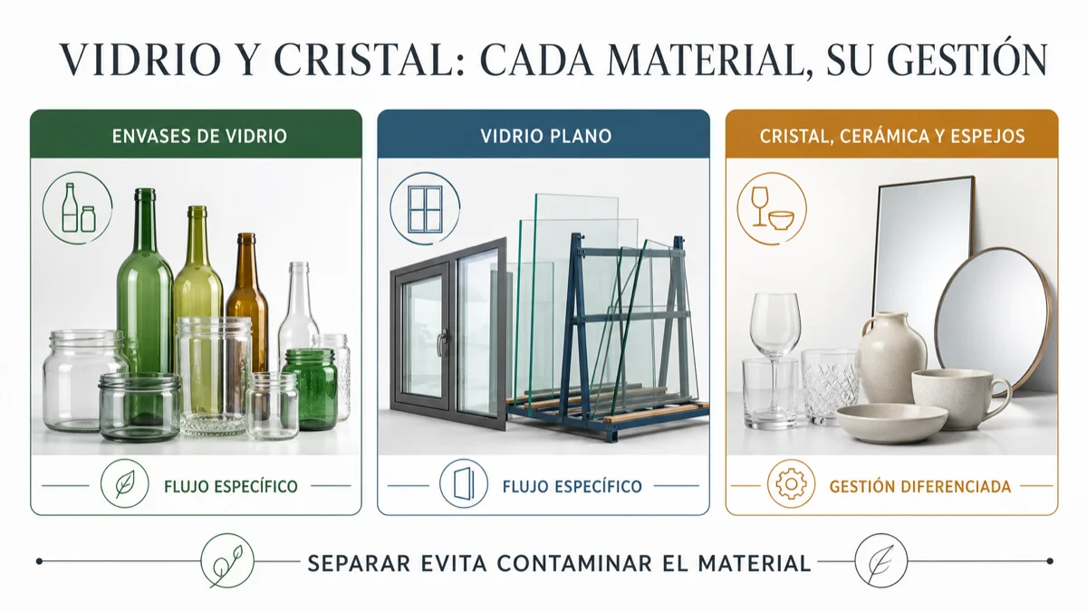 Infografía: vidrio y cristal, cada material y su gestión diferenciada - envases, vidrio plano y cristal o cerámica