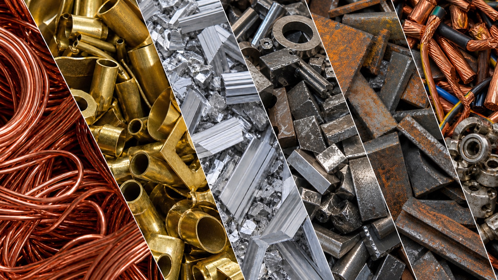 Distintos tipos de metales clasificados: cobre, latón, aluminio, acero y hierro