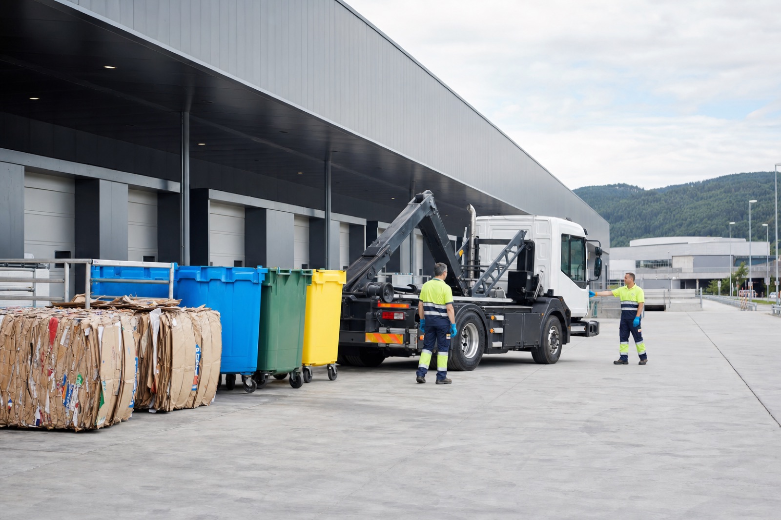 Operarios de Viguera recogiendo contenedores de reciclaje junto a camión gancho en grandes superficies